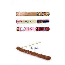 3 Paket 20 Çubuklu Tütsü Musk - Wood - Red Rose - Kayık Hediyeli 