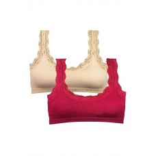 2 Adet Dantel Nakış İşlemeli Pedli Bambu Kadın Büstiyer Ten Bordo 