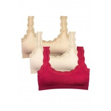 3 Adet Dantel Nakış İşlemeli Pedli Bambu Kadın Büstiyer Ten Krem Bordo 