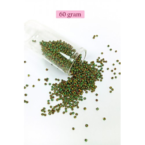 Dökme Cam Kum Boncuk (11/0) 2 mm - 60 Gram -  Yeşil Sarı Çizgili - BNC041