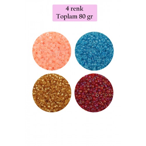 Dökme Cam Kum Boncuk (11/0) 2 mm - 4 Renk - Toplam 80 Gram -  BNC405