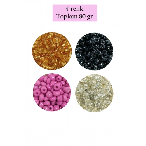 Dökme Cam Kum Boncuk Büyük Boy (6/0) 4 mm - 4 Renk - Toplam 80 Gram - BNC410