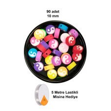 90 Adet 10 mm Polimer Kil Fimo Boncuk Takı Bileklik + 5 Metre Lastikli Misina Hediye - Renkli Yin Yang 