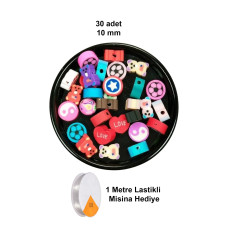 30 Adet 10 mm Polimer Kil Fimo Boncuk Takı Bileklik + 1 Metre Lastikli Misina Hediye - Karışık Renkli 