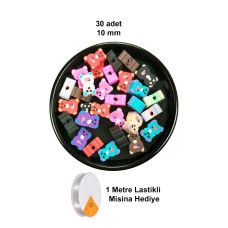 30 Adet 10 mm Polimer Kil Fimo Boncuk Takı Bileklik + 1 Metre Lastikli Misina Hediye - Renkli Ayıcık 