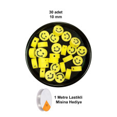 30 Adet 10 mm Polimer Kil Fimo Boncuk Takı Bileklik + 1 Metre Lastikli Misina Hediye - Gülen Yüz Smile 