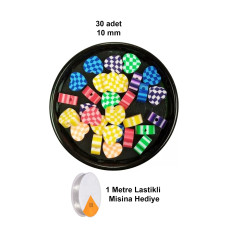 30 Adet 10 mm Polimer Kil Fimo Boncuk Takı Bileklik + 1 Metre Lastikli Misina Hediye - Desenli Kalp 