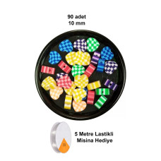 90 Adet 10 mm Polimer Kil Fimo Boncuk Takı Bileklik + 5 Metre Lastikli Misina Hediye - Desenli Kalp 