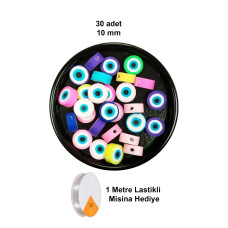 30 Adet 10 mm Polimer Kil Fimo Boncuk Takı Bileklik + 1 Metre Lastikli Misina Hediye - Nazar Boncuğu 