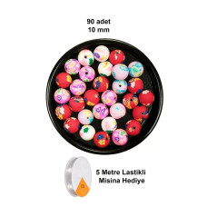 90 Adet 10 mm Polimer Kil Fimo Boncuk Takı Bileklik + 5 Metre Lastikli Misina Hediye - Desenli Yuvarlak 