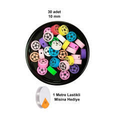 30 Adet 10 mm Polimer Kil Fimo Boncuk Takı Bileklik + 1 Metre Lastikli Misina Hediye - Renkli Çiçek 