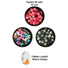 90 Adet 10 mm Polimer Kil Fimo Boncuk Takı Bileklik + 5 Metre Misina Hediye - Ayıcık - Bayrak - Yin Yang 