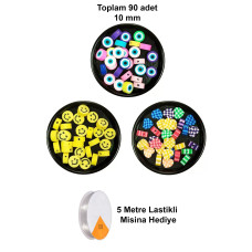 90 Adet 10 mm Polimer Kil Fimo Boncuk Takı Bileklik + 5 Metre Misina Hediye - Smile - Kalp - Nazar 