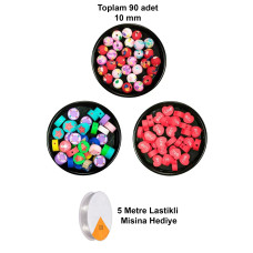 90 Adet 10 mm Polimer Kil Fimo Boncuk Takı Bileklik + 5 Metre Misina Hediye - Deniz - Kalp - Yuvarlak 