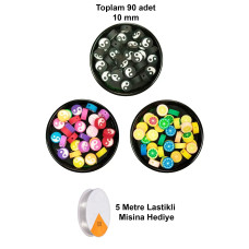 90 Adet 10 mm Polimer Kil Fimo Boncuk Takı Bileklik + 5 Metre Misina Hediye - Yin Yang - Yin Yang - Limon 