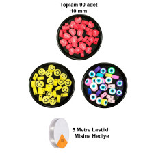 90 Adet 10 mm Polimer Kil Fimo Boncuk Takı Bileklik + 5 Metre Misina Hediye - Smile - Nazar - Love 