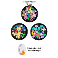 90 Adet 10 mm Polimer Kil Fimo Boncuk Takı Bileklik + 5 Metre Misina Hediye - Kalp - Deniz - Çiçek 