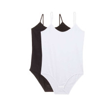 2 Adet Battal Beden İp Askılı Kadın Çıtçıtlı Body Siyah Beyaz 