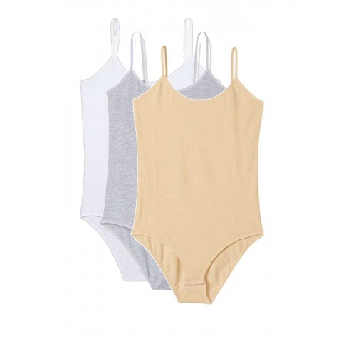 3 Adet İp Askılı Kadın Çıtçıtlı Body Beyaz Gri Ten