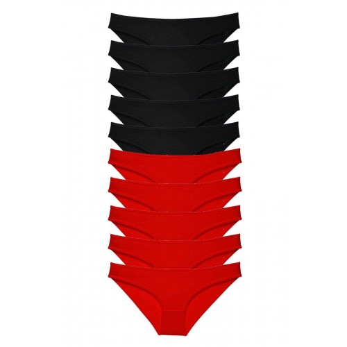 10 adet Süper Eko Set Likralı Kadın Slip Külot Siyah Kırmızı