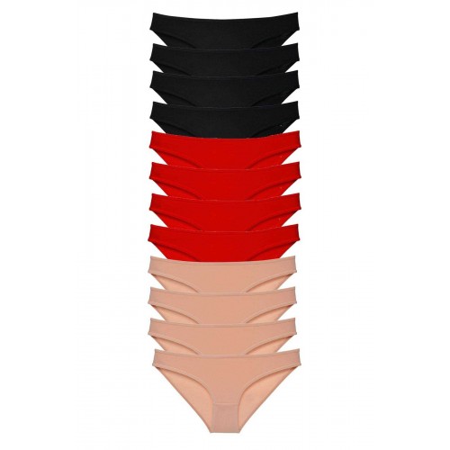 12 adet Süper Eko Set Likralı Kadın Slip Külot Siyah Kırmızı Ten