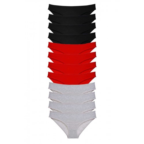 12 adet Süper Eko Set Likralı Kadın Slip Külot Siyah Kırmızı Gri