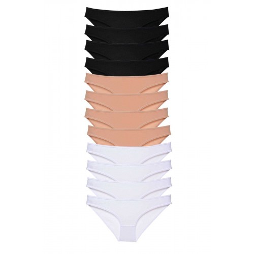 12 adet Süper Eko Set Likralı Kadın Slip Külot Siyah Ten Beyaz