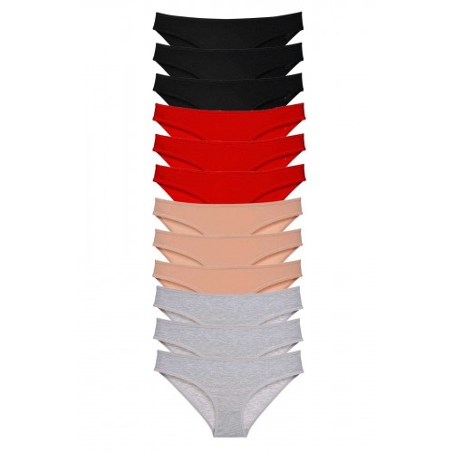 12 adet Süper Eko Set Likralı Kadın Slip Külot Siyah Kırmızı Ten Gri