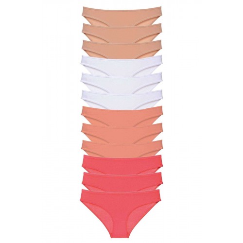 12 adet Süper Eko Set Likralı Kadın Slip Külot Ten Beyaz Pudra Fuşya