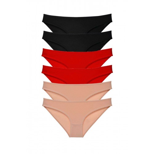 6 adet Süper Eko Set Likralı Kadın Slip Külot Siyah Kırmızı Ten