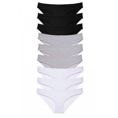 9 adet Süper Eko Set Likralı Kadın Slip Külot Siyah Gri Beyaz