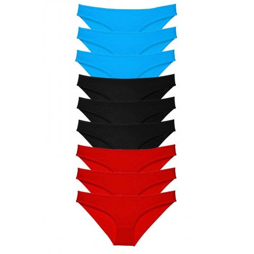 9 adet Süper Eko Set Likralı Kadın Slip Külot Siyah Kırmızı Mavi