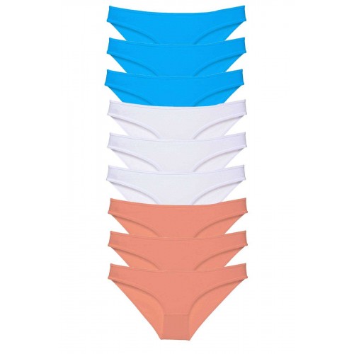 9 adet Süper Eko Set Likralı Kadın Slip Külot Pudra Beyaz Mavi