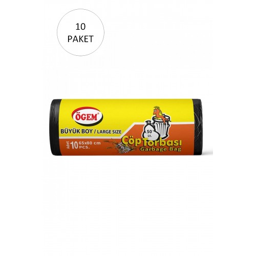 Büyük Boy Çöp Torbası 65 x 80 cm 10 Lu Rulo x 10 Paket = 100 Adet (Siyah)