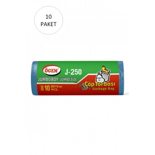 J-250 Jumbo Boy Çöp Torbası 80 x 110 cm 10 Lu Rulo x 10 Paket = 100 Adet (Mavi)