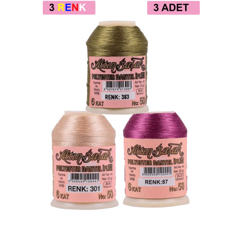 3 Adet Altınbaşak Oya ve Dantel İpi 20 gr - Royaleks - No: 301 - 087 - 383