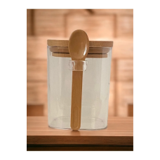 Kare Bambu Kapaklı Kaşıklı kristal plastik Baharat Saklama Kabı 500ml ( 1 adet ) Royaleks-HS501 