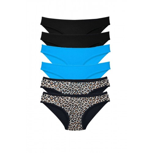 6 Adet Likralı Kadın Slip Külot Leopar Siyah Mavi