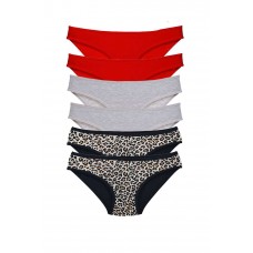 6 Adet Likralı Kadın Slip Külot Leopar Kırmızı Gri 