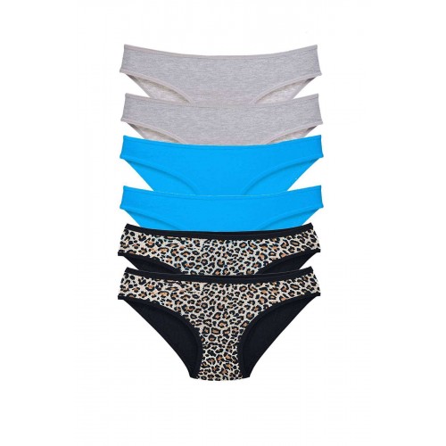 6 Adet Likralı Kadın Slip Külot Leopar Gri Mavi