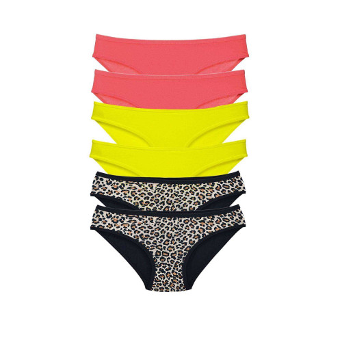 6 Adet Likralı Kadın Slip Külot Leopar Fuşya Sarı