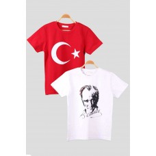 Atatürk ve İmzası Ay Yıldız Bayrak Baskılı Kombin Penye Çocuk Genç  Beyaz Kırmızı T-shirt 