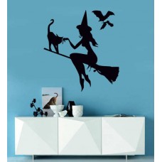 Süpürgeli Cadı ve Kedisi Duvar Sticker