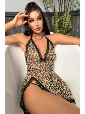 Kadın Leopar Desenli Derin V Yaka Dantel Detaylı Yırtmaçlı Gecelik