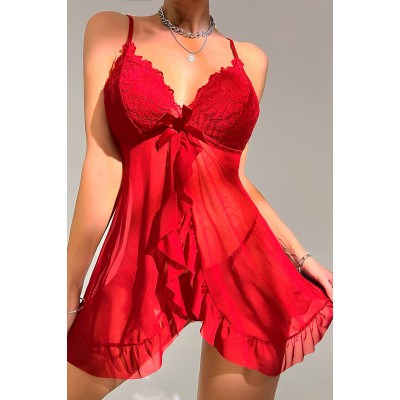 Kadın Kırmızı Dantelli, Fırfırlı Tül ve Fiyonk Detaylı Tangalı Gecelik Takımı Kadın Kırmızı Dantelli, Fırfırlı Tül ve Fiyonk Detaylı Tangalı Gecelik Takımı