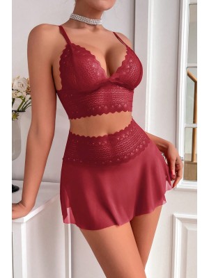 Kadın Bordo Dantel ve Tül Detaylı Etekli Şık Gecelik Takımı Kadın Bordo Dantel ve Tül Detaylı Etekli Şık Gecelik Takımı