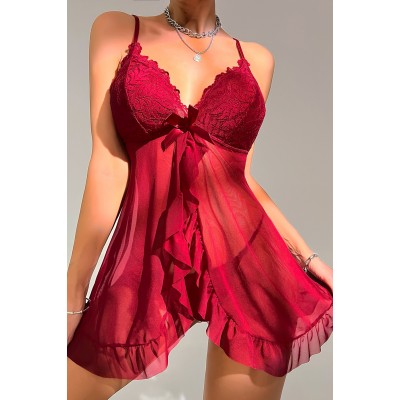 Kadın Bordo Dantelli, Fırfırlı Tül ve Fiyonk Detaylı Tangalı Gecelik Takımı Kadın Bordo Dantelli, Fırfırlı Tül ve Fiyonk Detaylı Tangalı Gecelik Takımı