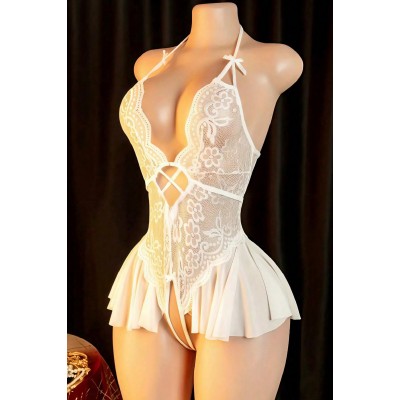 Kadın Beyaz Dantel ve Tül Detaylı Derin V Yaka Teddy Gecelik