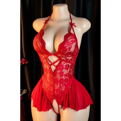 Kadın Kırmızı Dantel ve Tül Detaylı Derin V Yaka Teddy Gecelik