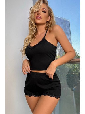 Kadın Siyah Alt Ve Üst Dantel Detaylı Şortlu Gecelik Takımı